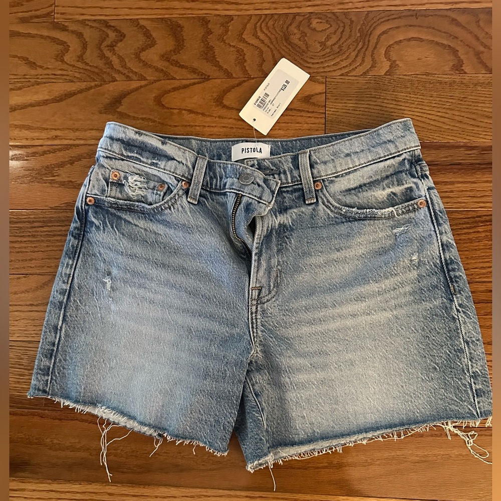 Pistola Blue Jean Shorts with Frayed Hems and Distressed Finish